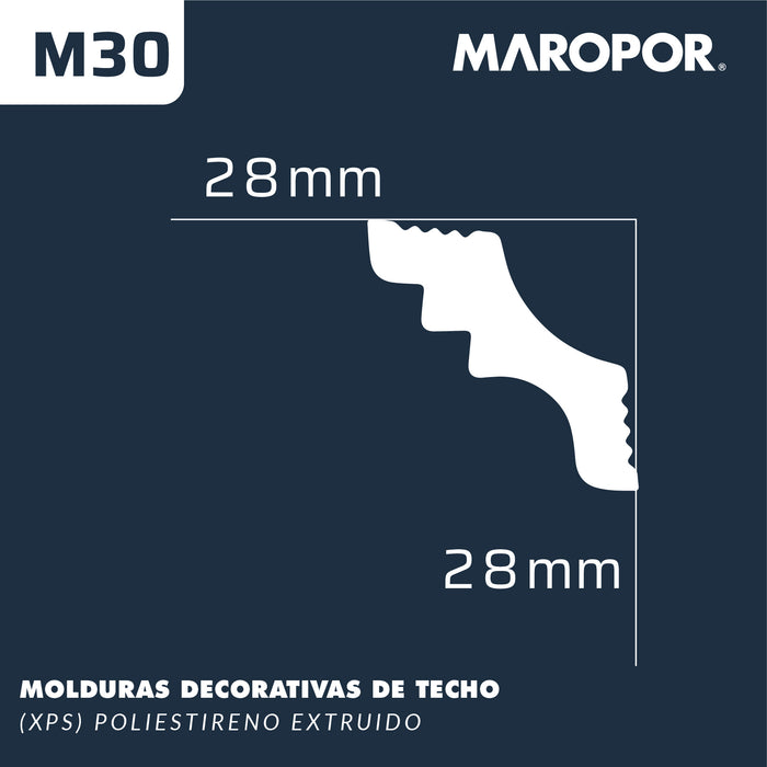 Moldura Lisa para Cielo Poliestireno M30 28X28 mm 2 mts