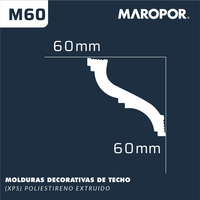 Moldura Lisa para Cielo Poliestireno M60 60X60 mm 2 mts