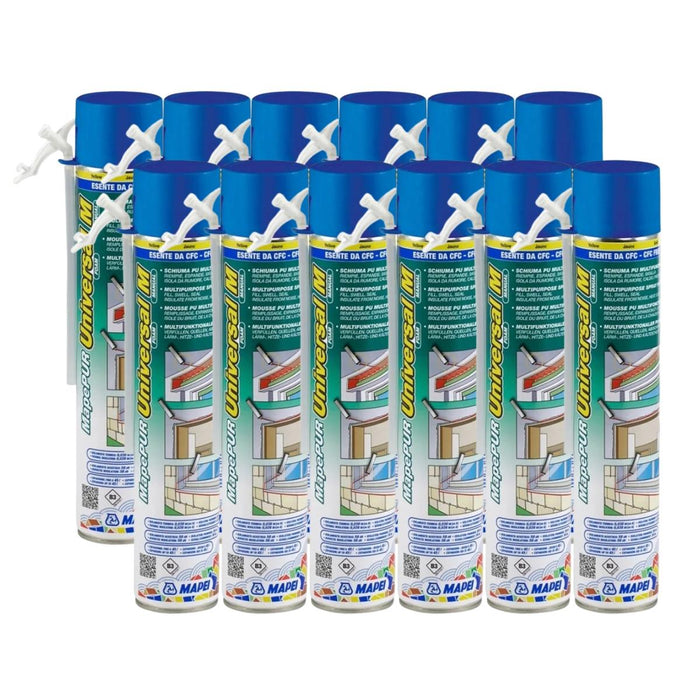 12 latas de espuma de poliuretano expansiva manual Mapepur Universal Foam M con cánula