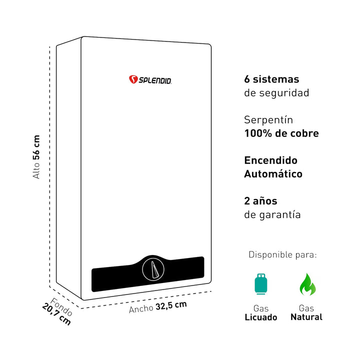 Calefont 10 litros Gas licuado Tiro natural Splendid