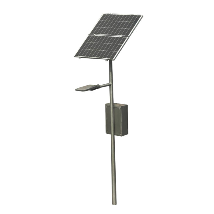 Kit Solar Autónomo Megabright 80W con panel fotovoltaico 100W, batería de litio y luminaria Brisa LED instalado en exterior