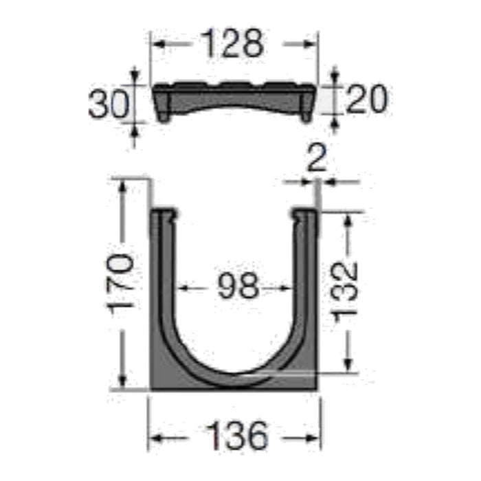 Dimensiones Kenadrain DR102CF: ancho exterior 136 mm, alto 170 mm, ancho útil 98 mm, profundidad útil 132 mm