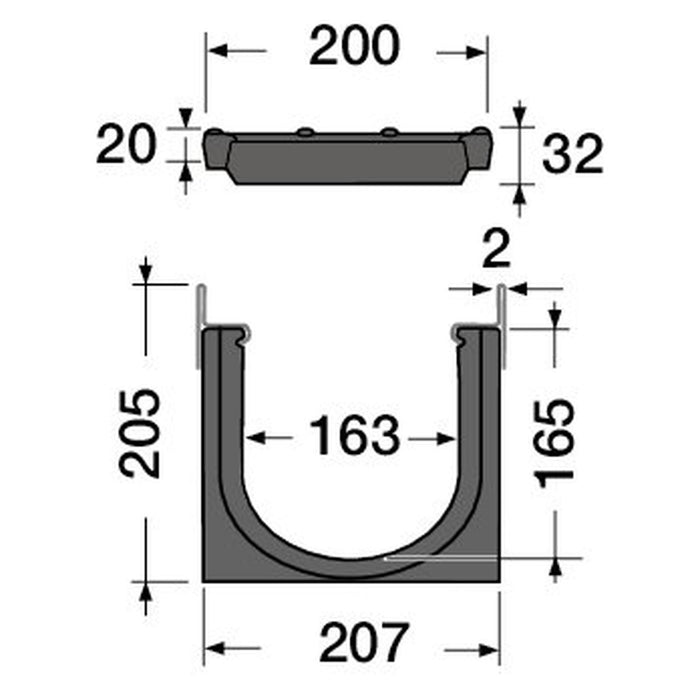 Dimensiones Kenadrain DR152CF: ancho exterior 207 mm, alto 205 mm, ancho útil 163 mm, profundidad útil 165 mm