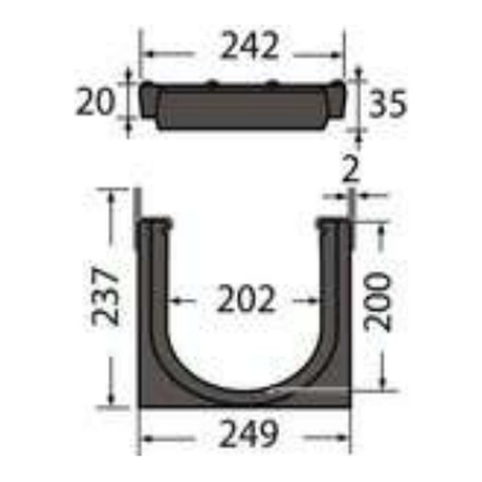 Dimensiones Kenadrain DR202CF: ancho exterior 249 mm, alto 237 mm, ancho útil 202 mm, profundidad útil 200 mm