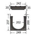 Dimensiones Kenadrain DR202CF: ancho exterior 249 mm, alto 237 mm, ancho útil 202 mm, profundidad útil 200 mm