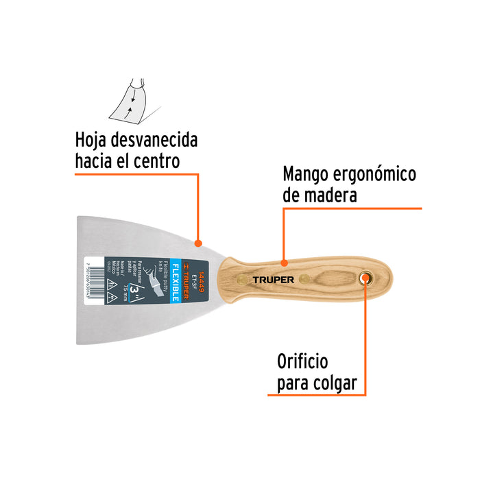 Espátula flexible 3" con mango de madera Truper