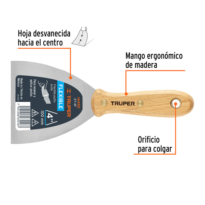 Espátula flexible 4" con mango de madera Truper