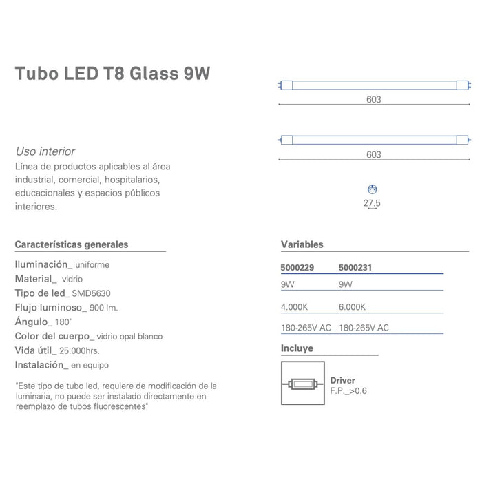 Tubo LED T8 Glass 600mm 9W-6000K Megabright