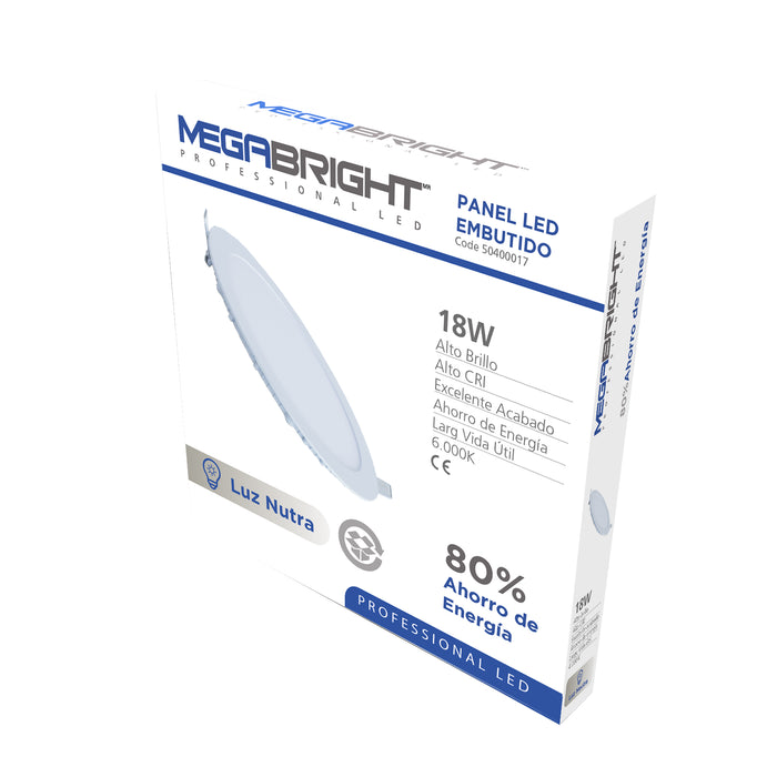 Panel LED Redondo Embutido 18W/6000k Luz Fria Megabright